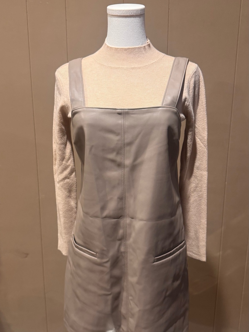 Abercrombie & Fitch Taupe Faux-Leather Mini Pinafore Dress